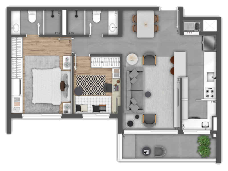 Planta de apartamento com 2 dormitórios, sendo 1 suíte, e 74m², com sacada no living, ambientes bem distribuídos e design moderno para conforto e praticidade.